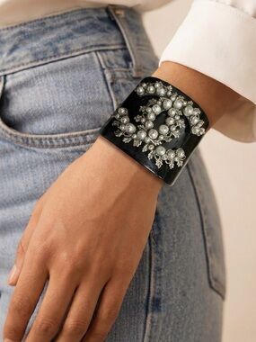 CHANEL Pearl Embellished Black Cuff Bracelet
